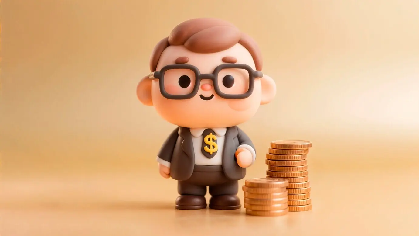 Puppenfigur eines Finanzberaters mit Münzen